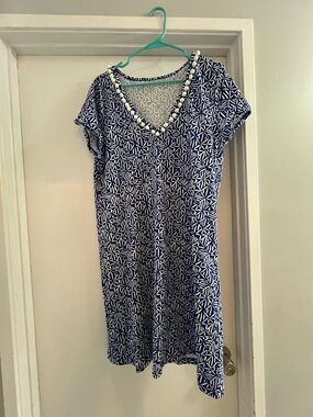 Lilly Pulitzer Blue and White Geometric Pom-Trim V-Neck Dress